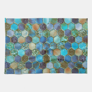 Luxury Metal Foil Glitter Aqua Teal honeycomb Tea Towel