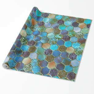 Luxury Metal Foil Glitter Aqua Teal honeycomb Wrapping Paper