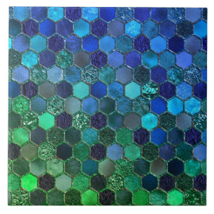 Luxury Metal Foil Glitter Blue Green honeycomb Ceramic Tile