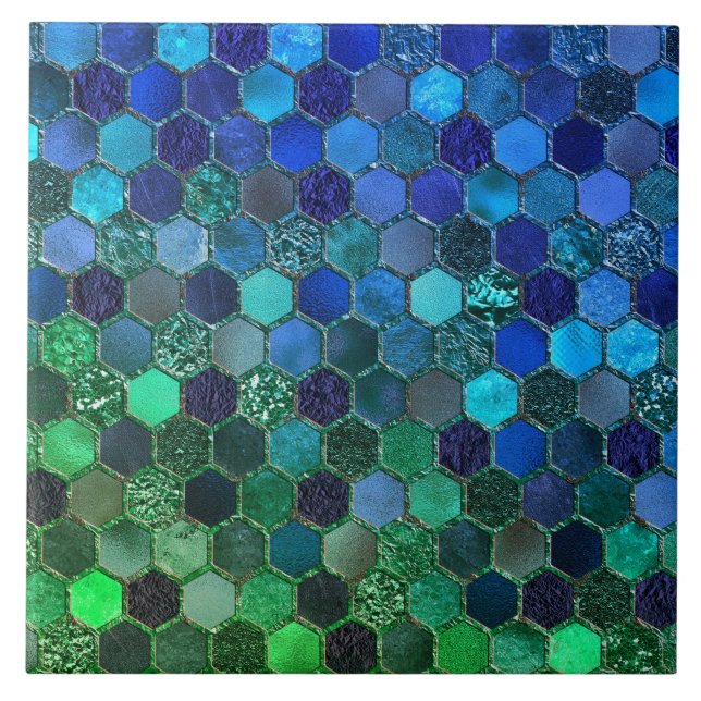 Luxury Metal Foil Glitter Blue Green honeycomb Ceramic Tile (Front)