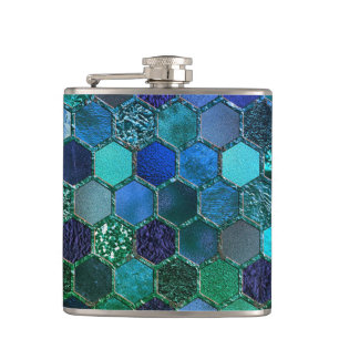 Luxury Metal Foil Glitter Blue Green honeycomb Hip Flask