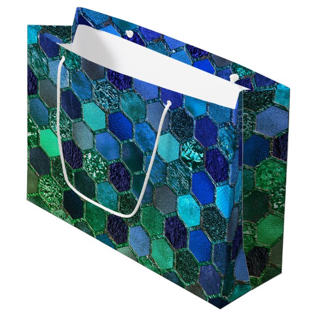 Luxury Metal Foil Glitter Blue Green honeycomb Large Gift Bag (Front Angled)