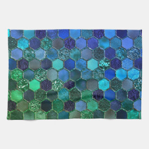 Luxury Metal Foil Glitter Blue Green honeycomb Tea Towel