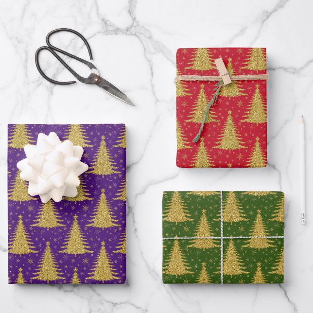 Luxury Metallic Gold  Christmas Trees Pattern Wrapping Paper Sheet (Front)