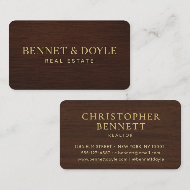 Luxury Metallic Gold on Mahogany Wood-Grain Business Card (Front/Back)