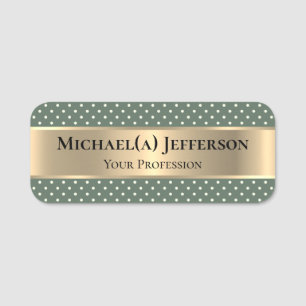 Luxury Metallic Gold & White Polka Dots Sage Green Name Tag