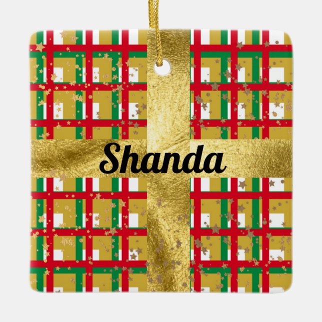 Luxury metallic red green gold plaid  ceramic ornament (Front)