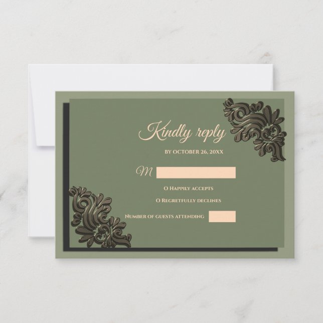 Luxury Metallic Sage green & faux gold classic RSVP Card (Front)