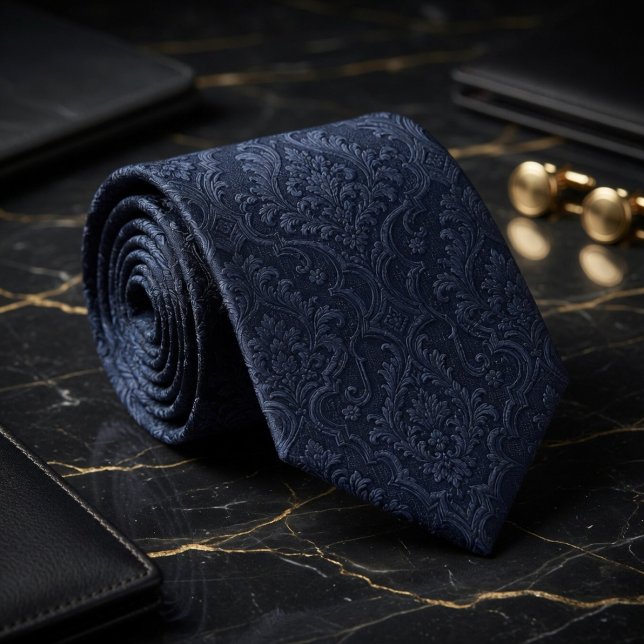 Luxury Midnight Navy Silk Jacquard Baroque Damask Tie (Creator Uploaded)