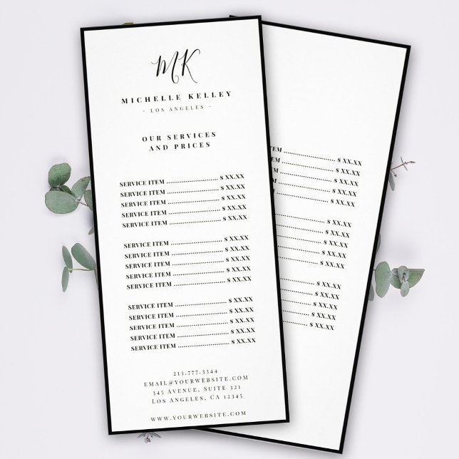 Luxury Minimal Monogram Chic Stylish Price List Rack Card (Creator Uploaded)
