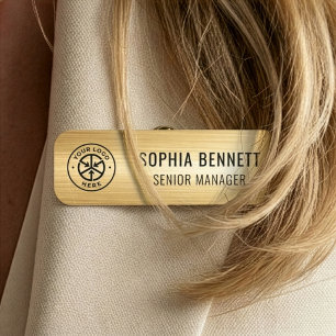 Luxury Minimalist Black & Brushed Gold Custom Logo Name Tag