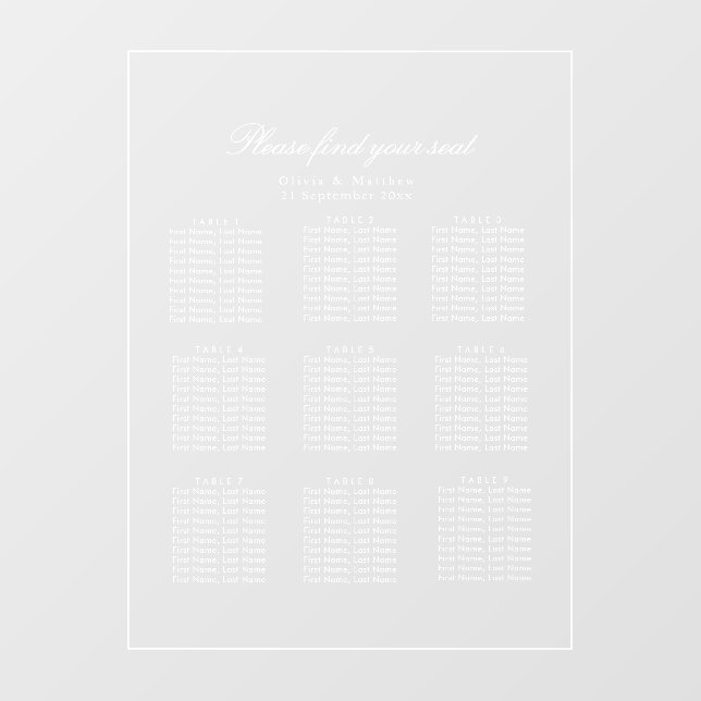 Luxury Minimalist Clear Seating Chart White text (Sheet)
