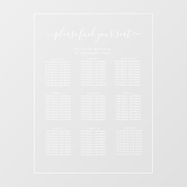 Luxury Minimalist Clear Seating Chart White Text  (Sheet)