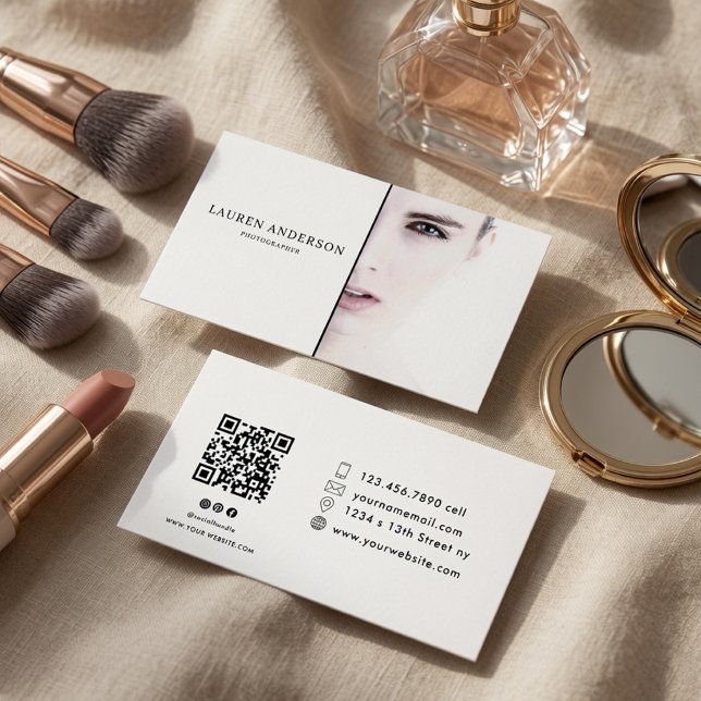 Luxury Minimalist Split Photo QR Code Business  Card (Creator Uploaded)