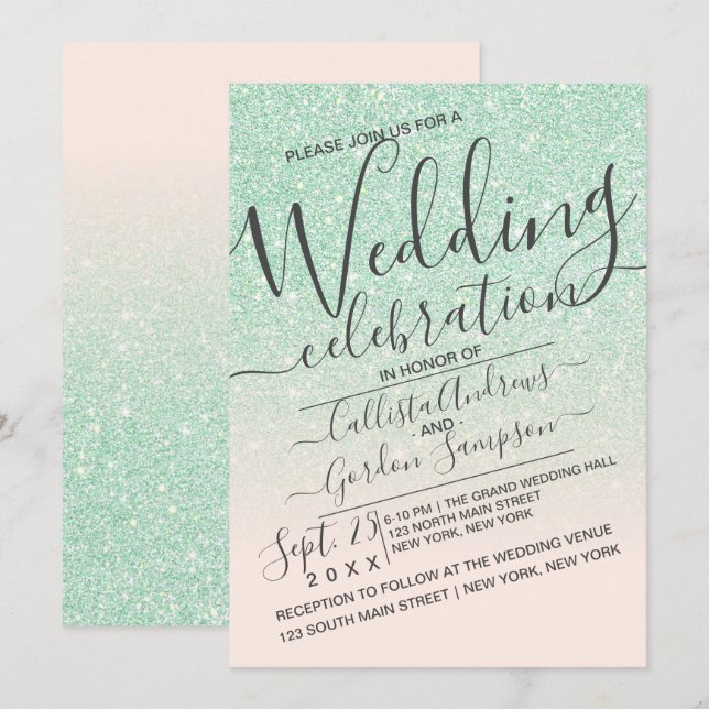 Luxury Mint Pink Sparkly Glitter Ombre Wedding Invitation (Front/Back)