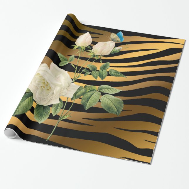 Luxury Modern Black Gold Rose Tigar Wrapping Paper (Unrolled)