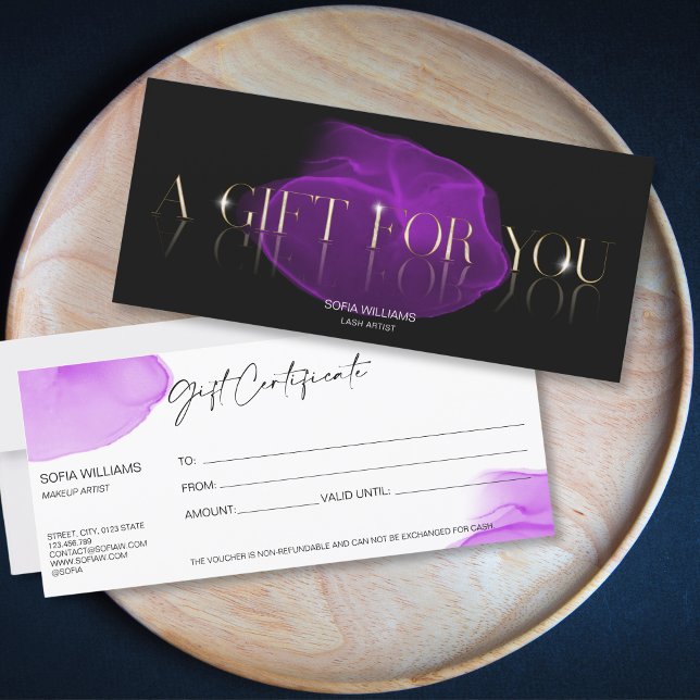 Luxury  Modern Gift Certificate Gift Card add logo (luxury modern gold typography with violet and black ink background)