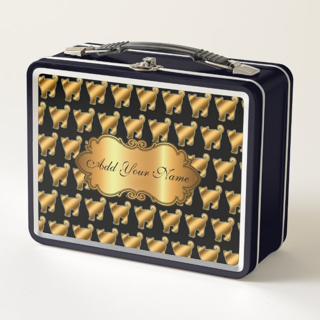 Luxury Modern Gold Cat Add Your Text Metal Lunch Box (Front)