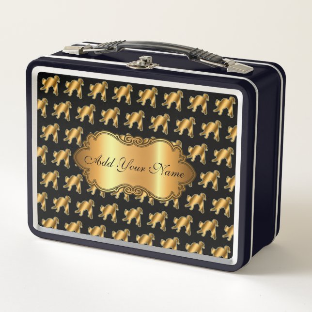 Luxury Modern Gold Cat Add Your Text Metal Lunch Box (Front)
