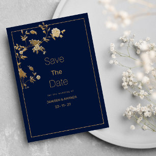 Luxury modern gold floral navy blue Save The Date Invitation