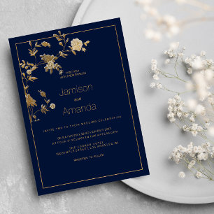 Luxury modern gold floral navy blue Wedding Invitation