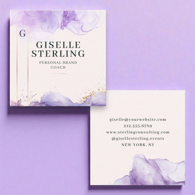 Luxury Modern Purple Watercolor Gold Foil  Square Business Card (Creator Uploaded)