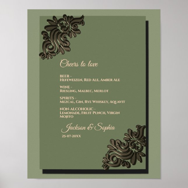 Luxury Modern Sage green & gold classic menu sign (Front)
