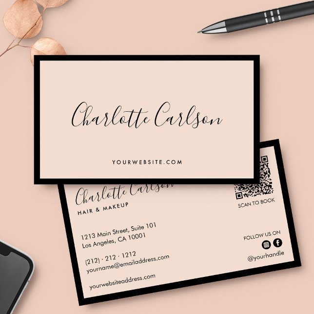 Luxury Modern Script Blush Pink QR Social Media Business Card (Creator Uploaded)