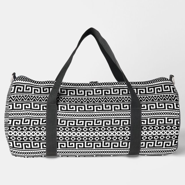 Luxury Monochrome Ancient Greek Aztec Maze Linear  Duffle Bag (Front)