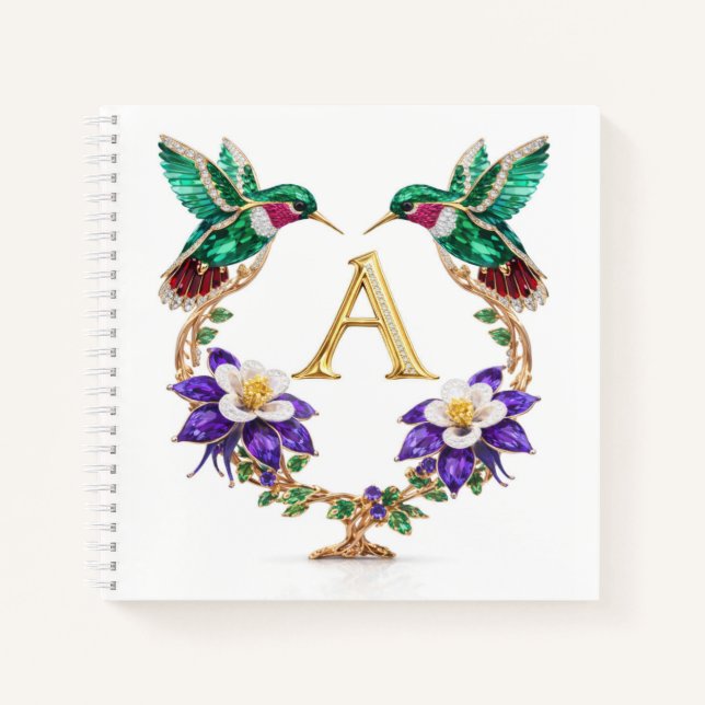 Luxury Monogram A Hummingbird Jeweled Wedding  Notebook (Front)