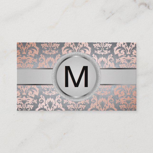 Luxury Monogram Band | Metallic Rose Gold Damask Business Card (Front)