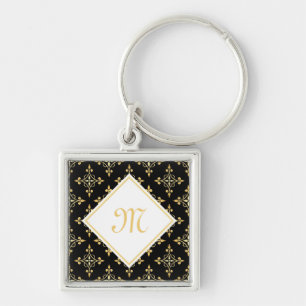 Luxury Monogram Black and Gold Quatre Floral Key Ring