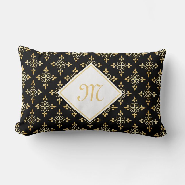 Luxury Monogram Black and Gold Quatre Floral Lumbar Cushion (Front)