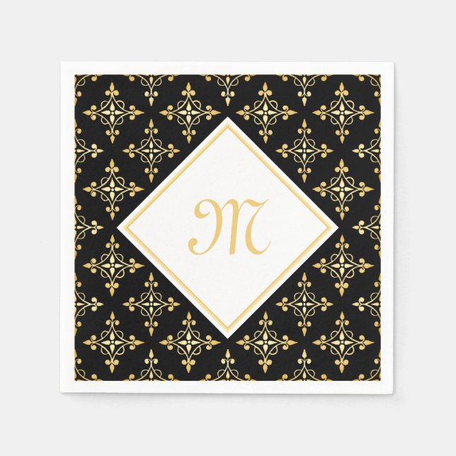 Luxury Monogram Black and Gold Quatre Floral Napkin (Front)