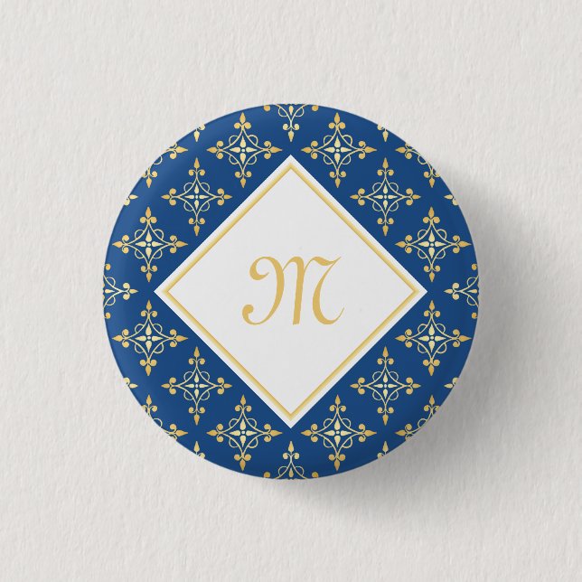 Luxury Monogram Blue and Gold Quatre Floral 3 Cm Round Badge (Front)
