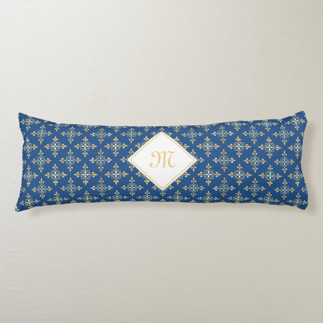 Luxury Monogram Blue and Gold Quatre Floral Body Cushion (Front)