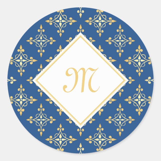 Luxury Monogram Blue and Gold Quatre Floral Classic Round Sticker (Front)