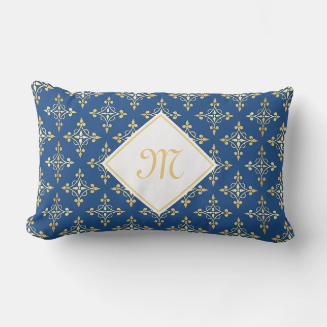 Luxury Monogram Blue and Gold Quatre Floral Lumbar Cushion (Front)