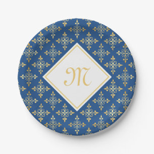 Luxury Monogram Blue and Gold Quatre Floral Paper Plate
