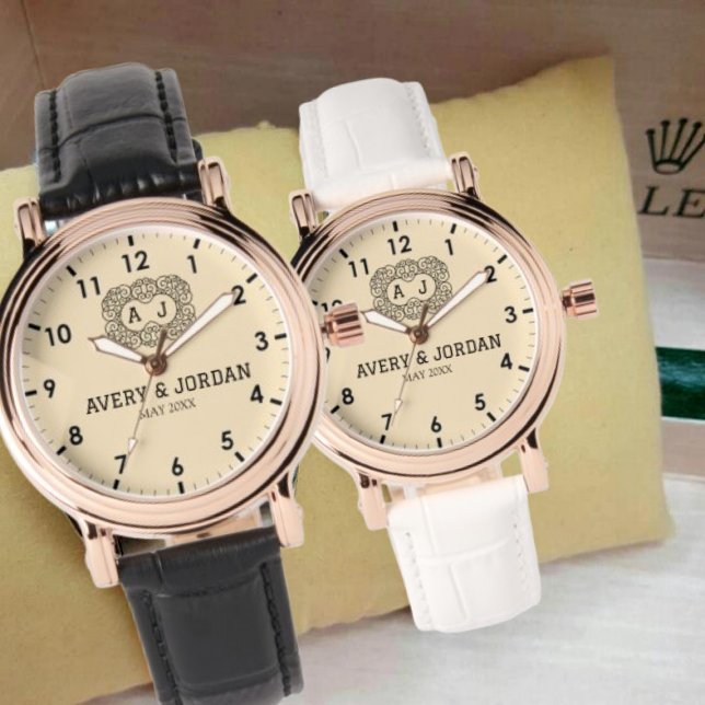 Luxury monogram cream couple names initials watch (Creator Uploaded)