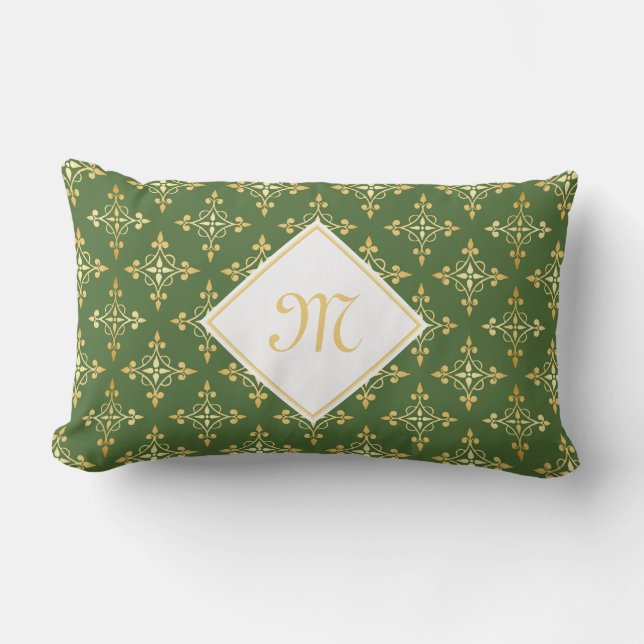 Luxury Monogram Green and Gold Quatre Floral Lumbar Cushion (Front)