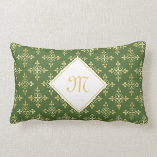 Luxury Monogram Green and Gold Quatre Floral Lumbar Cushion