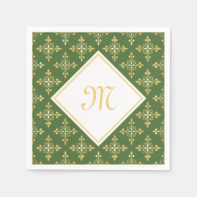 Luxury Monogram Green and Gold Quatre Floral Napkin (Front)