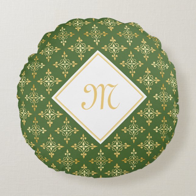 Luxury Monogram Green and Gold Quatre Floral Round Cushion (Front)