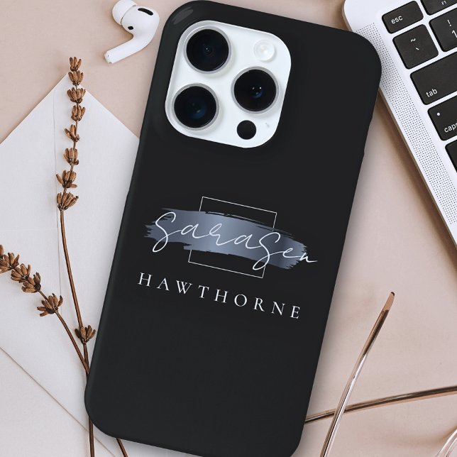 Luxury Monogram Modern Minimal Black Brush Stroke Case-Mate iPhone Case (Creator Uploaded)