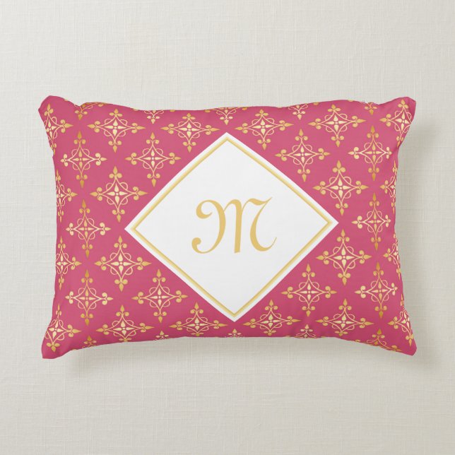 Luxury Monogram Pink and Gold Quatre Floral Decorative Cushion (Front)