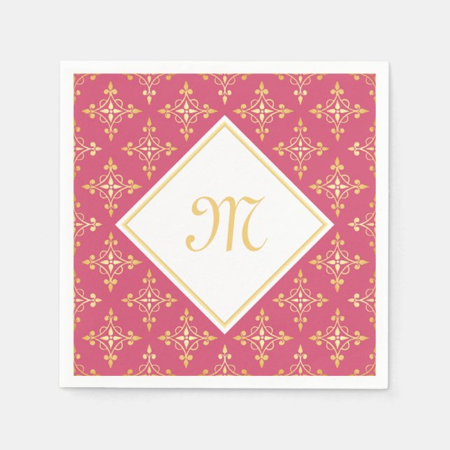 Luxury Monogram Pink and Gold Quatre Floral Napkin (Front)