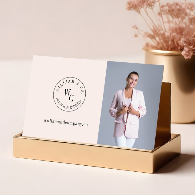 Luxury Monogram Professional Consultant Photo Business Card (Modern Monogram Circle Crest Custom Photo QR Code Business Card Front)