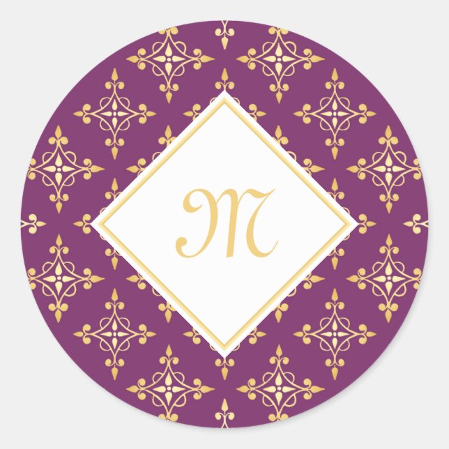Luxury Monogram Purple and Gold Quatre Floral Classic Round Sticker (Front)