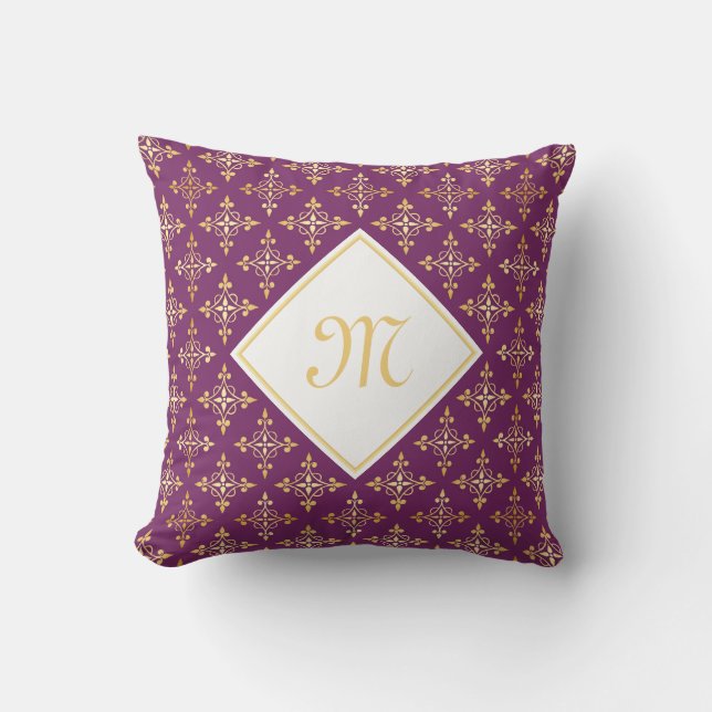 Luxury Monogram Purple and Gold Quatre Floral Cushion (Front)